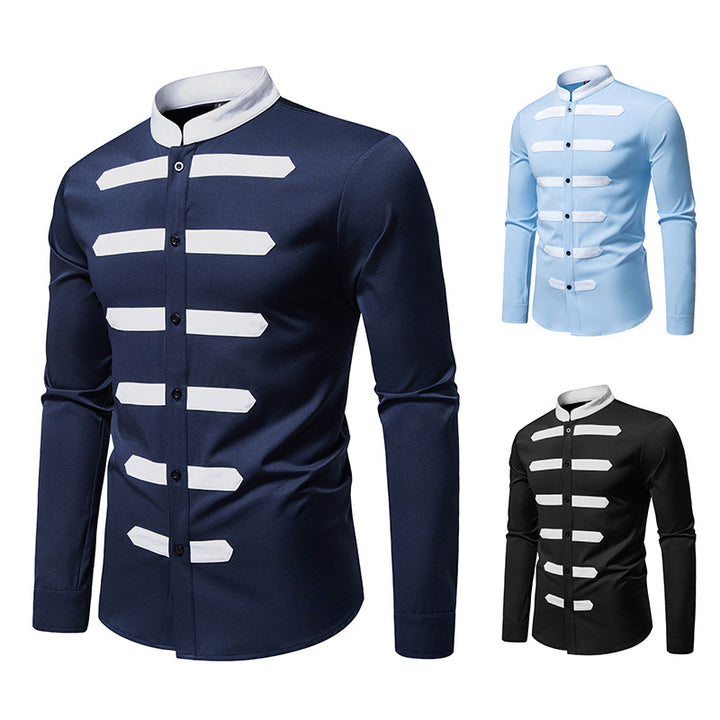Herren Slim-Fit Hemd mit Stehkragen und dekorativen Paspelstreifen Drune