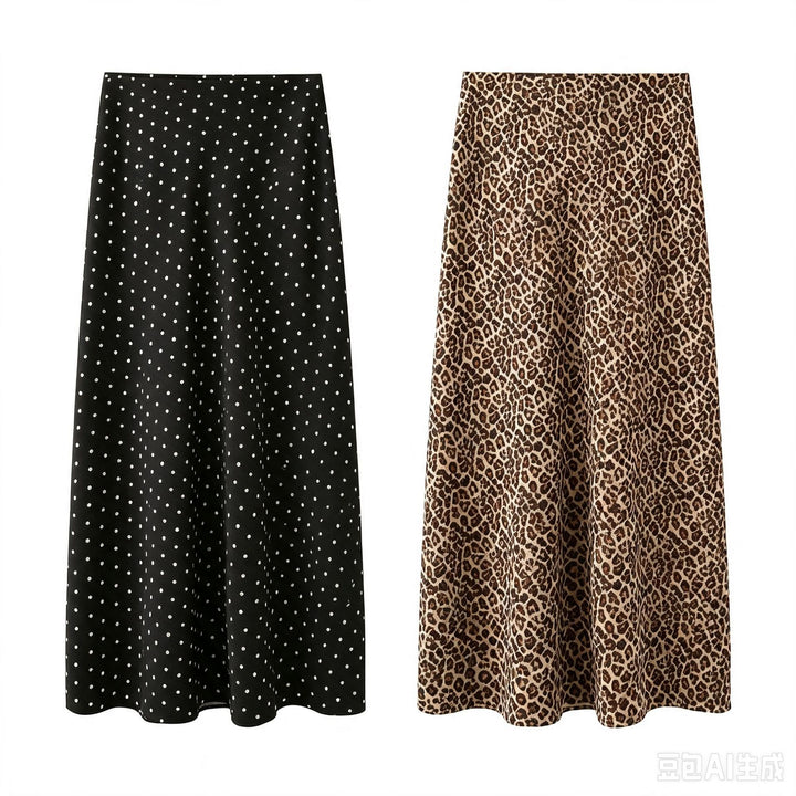 Damen Midirock aus fließender Satinqualität in A‑Linie mit Leo‑Print Drune