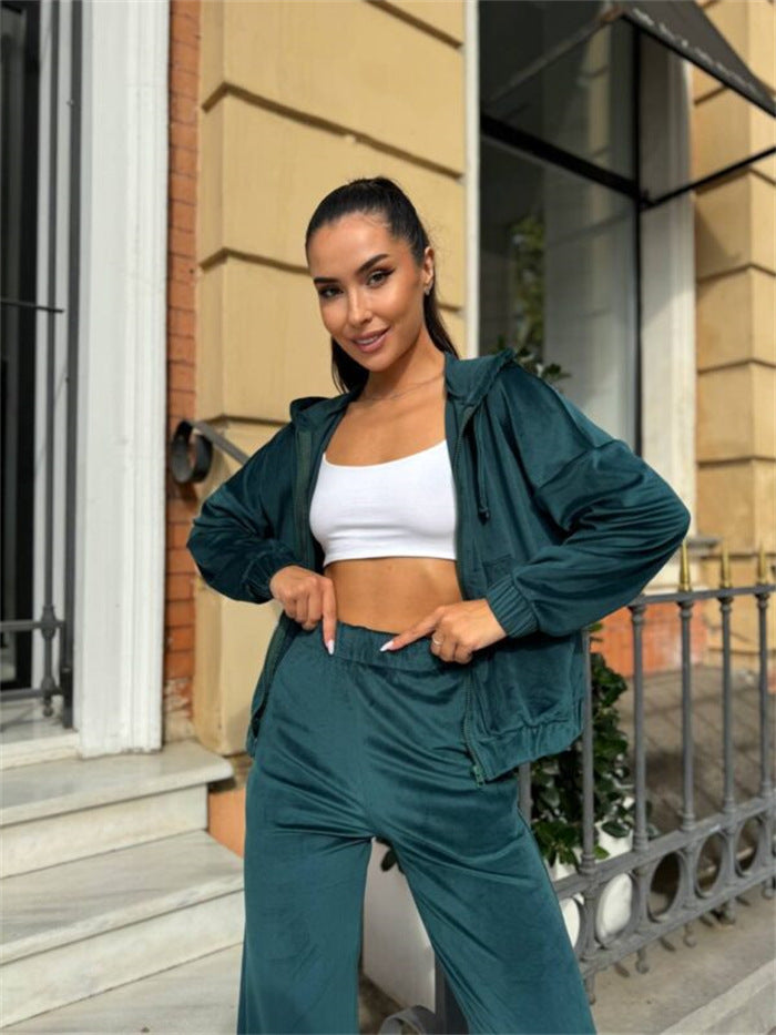 Damen Velours-Zip-Kapuzenjacke mit Marlene-Jogginghose Lounge-Set Drune