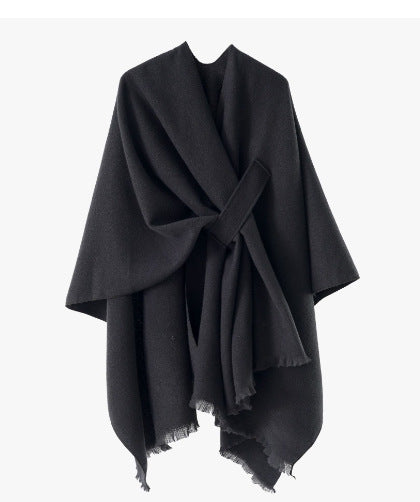 Damen Strickponcho mit geometrischem Blockmuster und Fransen Drune