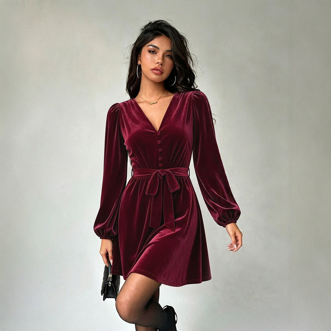Damen elegantes Samt-Minikleid mit V-Ausschnitt Knopfleiste Ballonärmeln und Taillengürtel Drune