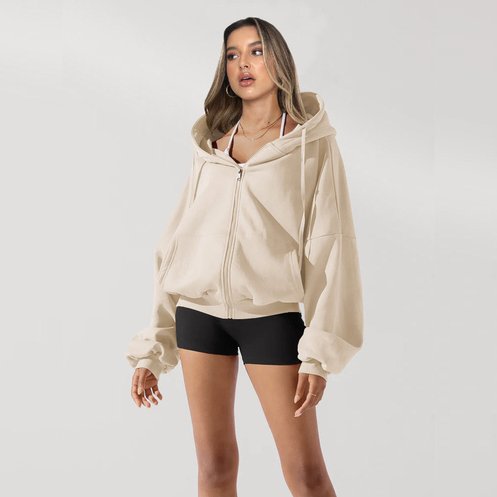 Damen Oversized Kapuzenjacke mit Reißverschluss und Puffärmeln Drune