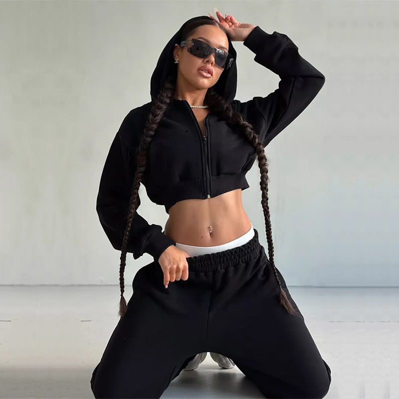 Damen kurzes Zip-Kapuzensweatshirt mit tailliertem Bündchen und weitem High‑Waist French‑Terry Jogginghose Set Drune
