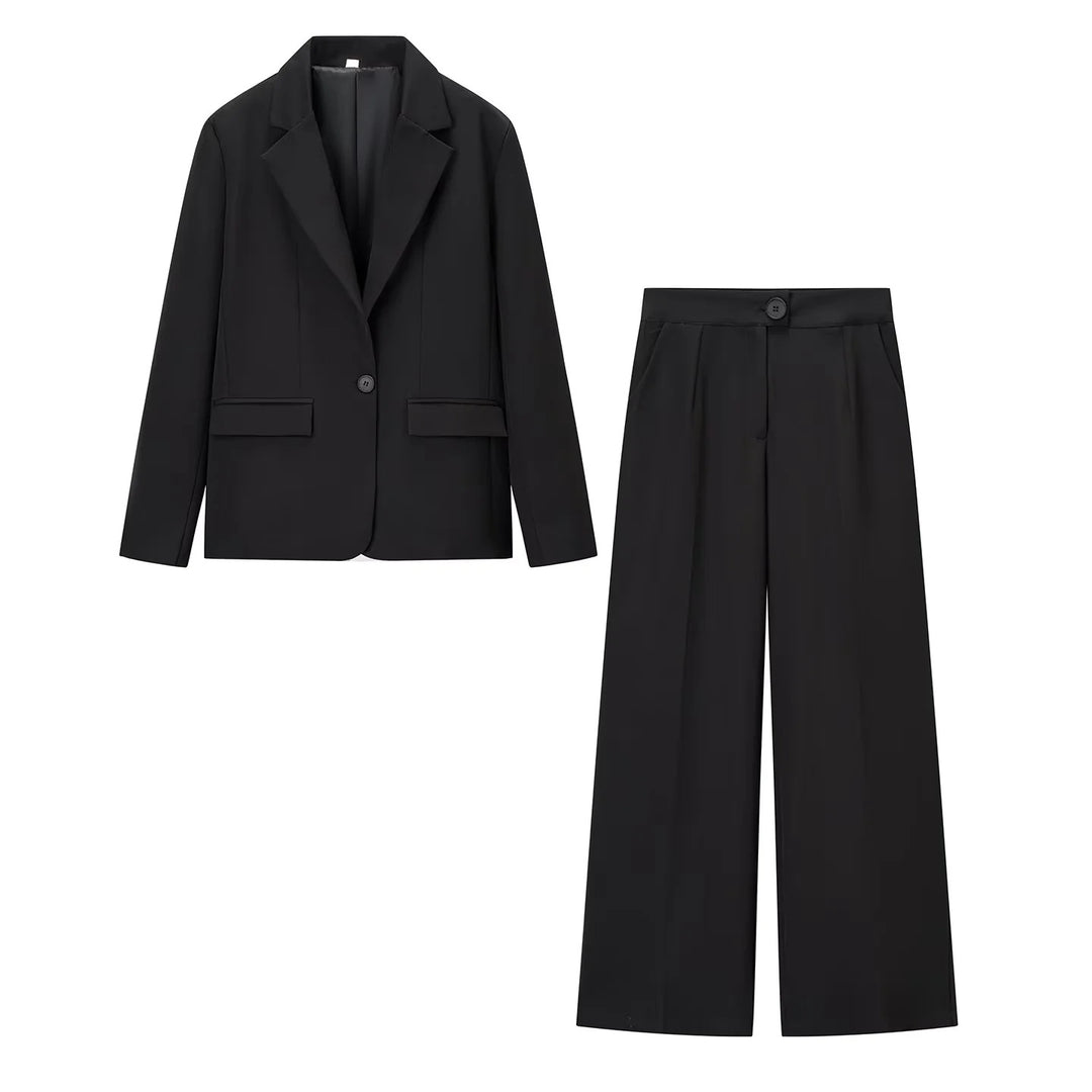 Damen nan elegantes zweiteiliges Tailored-Blazer- und Palazzo‑Hosen-Set mit weiten Bein und Pattentaschen Drune