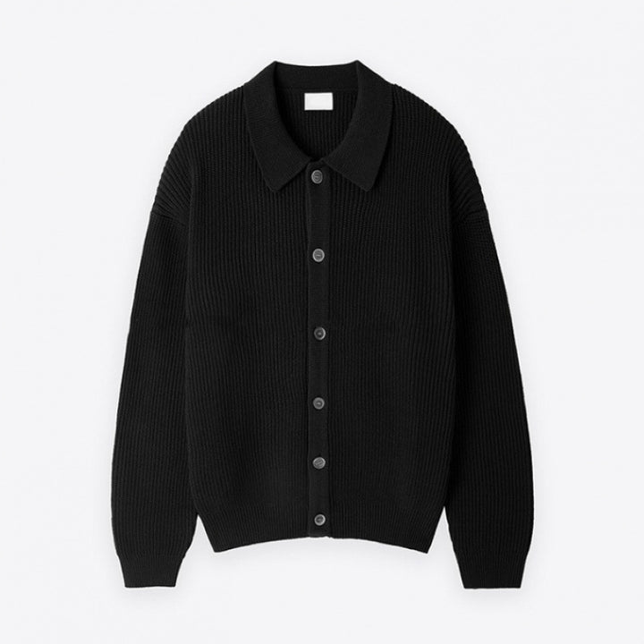 Unisex Grobgerippte Strickjacke mit Hemdkragen und durchgehender Knopfleiste Drune