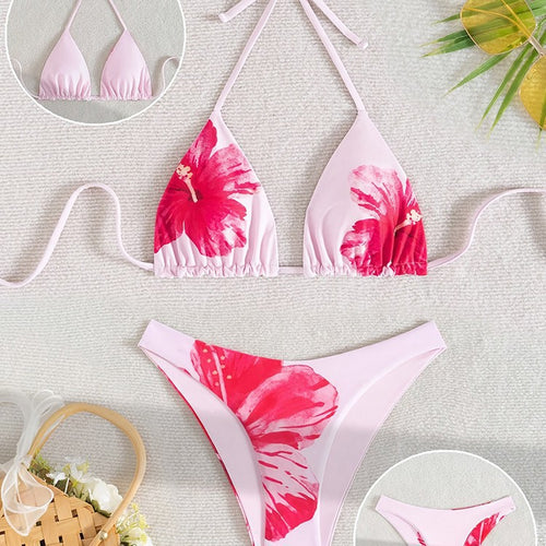 Damen Triangel-Bikini mit floralen Akzenten und zartem Rüschendesign Drune