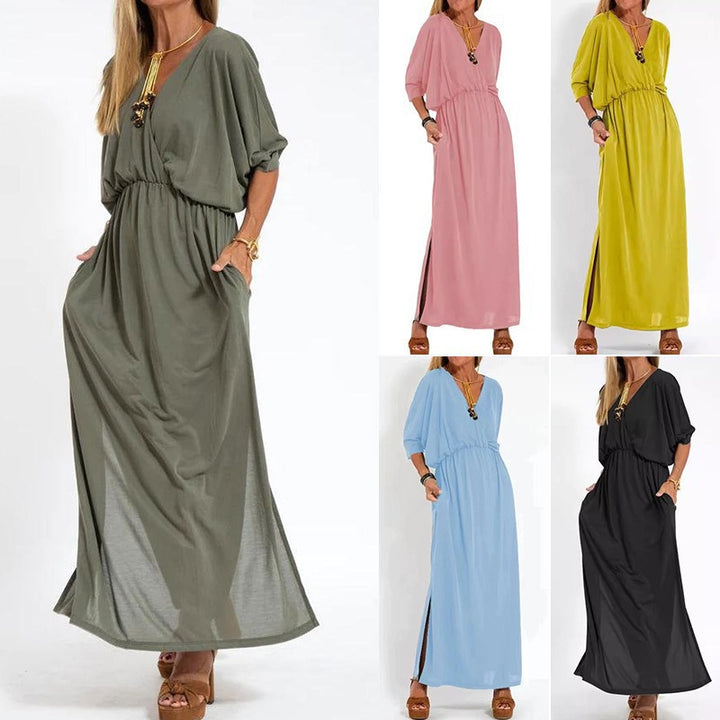 Damen lässiges Maxikleid mit V-Ausschnitt und seitlichen Schlitzen Drune