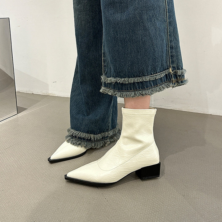 Damen elegante Stiefeletten mit spitzem Zehenbereich und Blockabsatz Drune