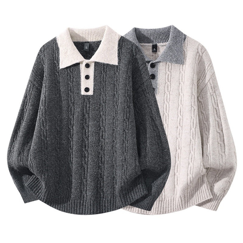 Herren Oversize Zopfmuster-Polo-Strickpullover mit Kontrastkragen und Dreiknopfleiste Drune