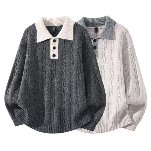 Herren Oversize Zopfmuster-Polo-Strickpullover mit Kontrastkragen und Dreiknopfleiste Drune