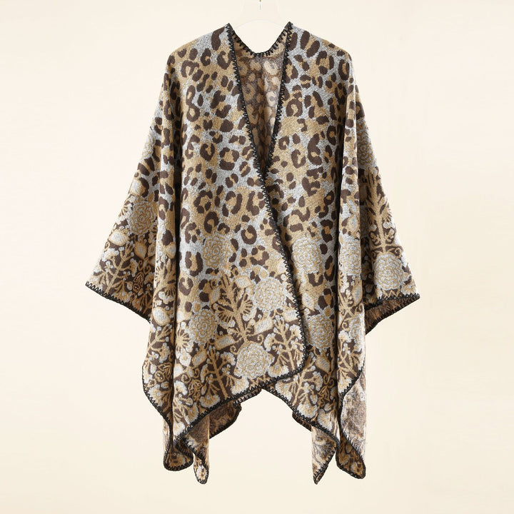 Damen Jacquard-Überwurfponcho im kastigen Kimono-Fall mit floral-animalischem Muster Drune