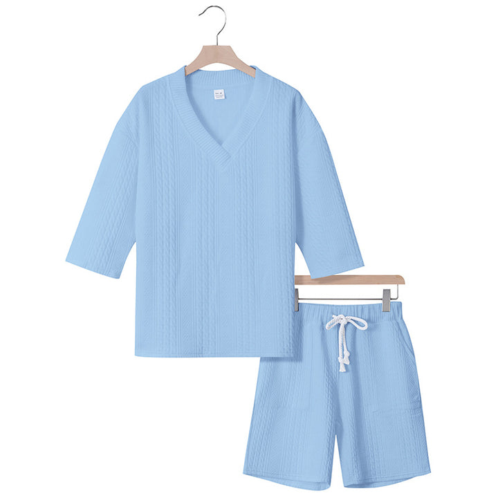 Unisex nan lässiges Lounge-Set mit V-Ausschnitt-Oberteil und Kordelbund-Shorts Drune
