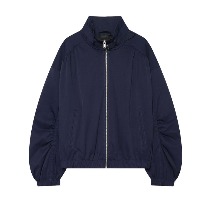 Damen Cropped Bomberjacke mit Stehkragen und gerafften Ballonärmeln Drune