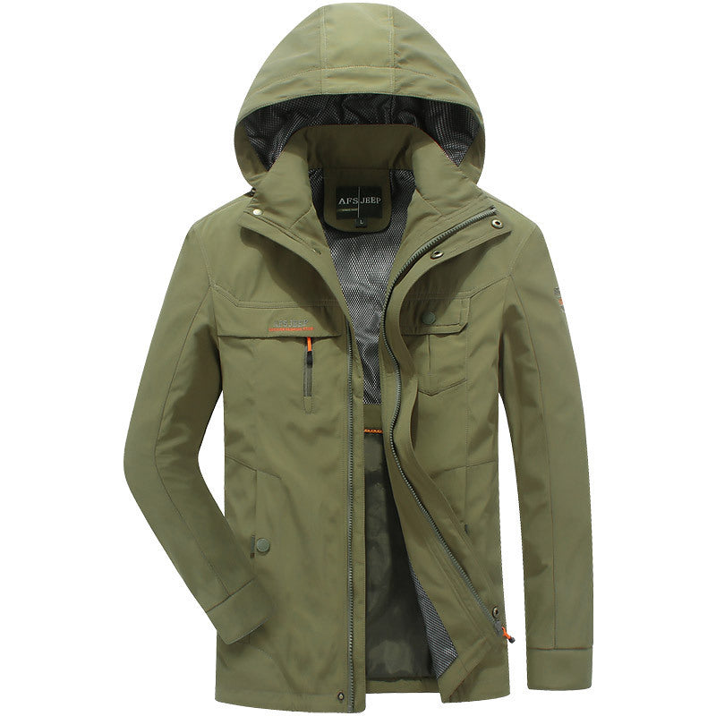 Herren wasserabweisende leichte Reisefunktionsjacke mit Kapuze und Mehrtaschen Drune