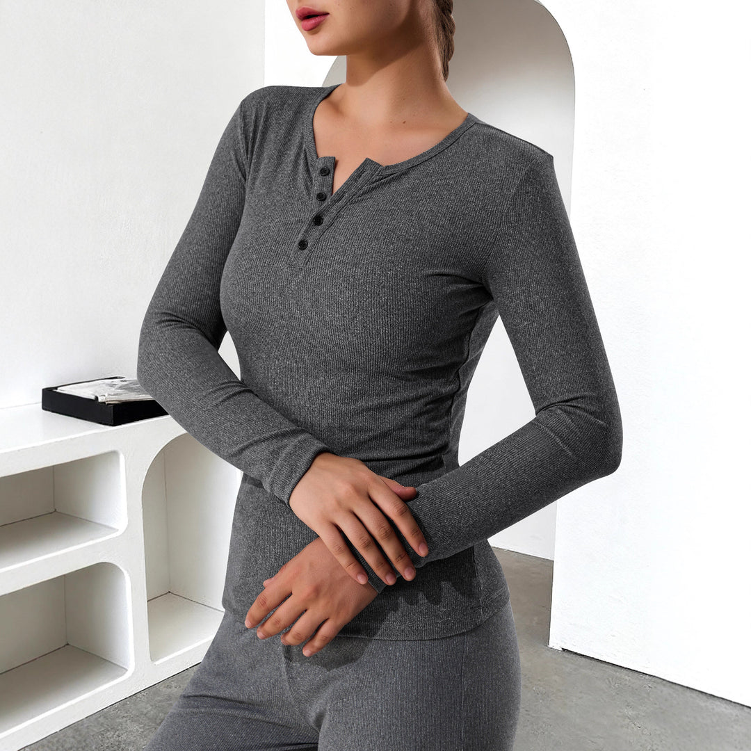 Damen Geripptes Henley-Langarmshirt mit Knopfleiste und figurnahem Schnitt Drune