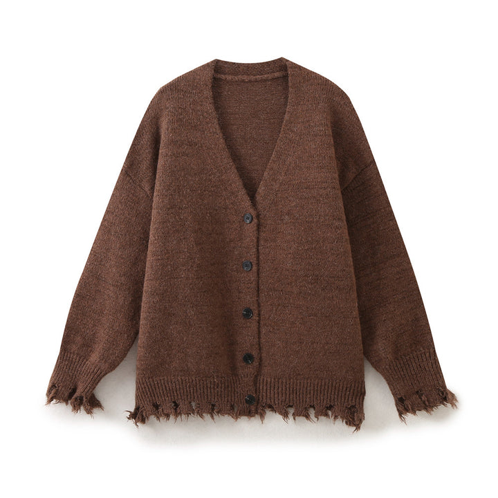 Damen lässige Strickjacke mit fransigem Saum und knöpfbarem Verschluss Drune