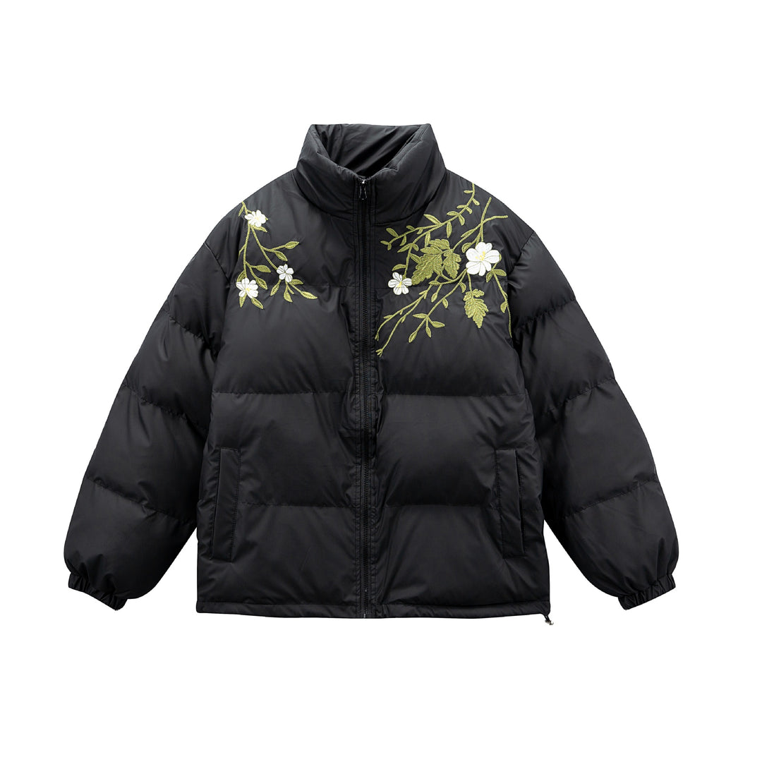 Damen Gepolsterte Oversize-Steppjacke mit Stehkragen und Blumenstickerei Drune