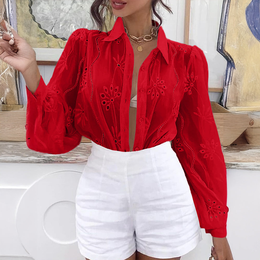 Damen Transparente Bluse mit Stickereien und Rüschendetails Drune