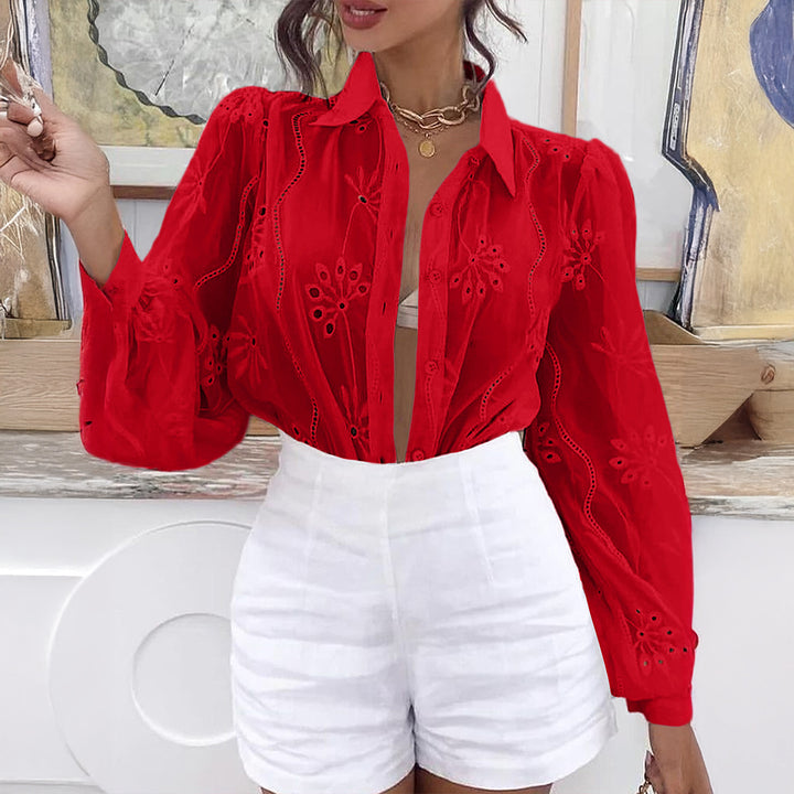 Damen Transparente Bluse mit Stickereien und Rüschendetails Drune