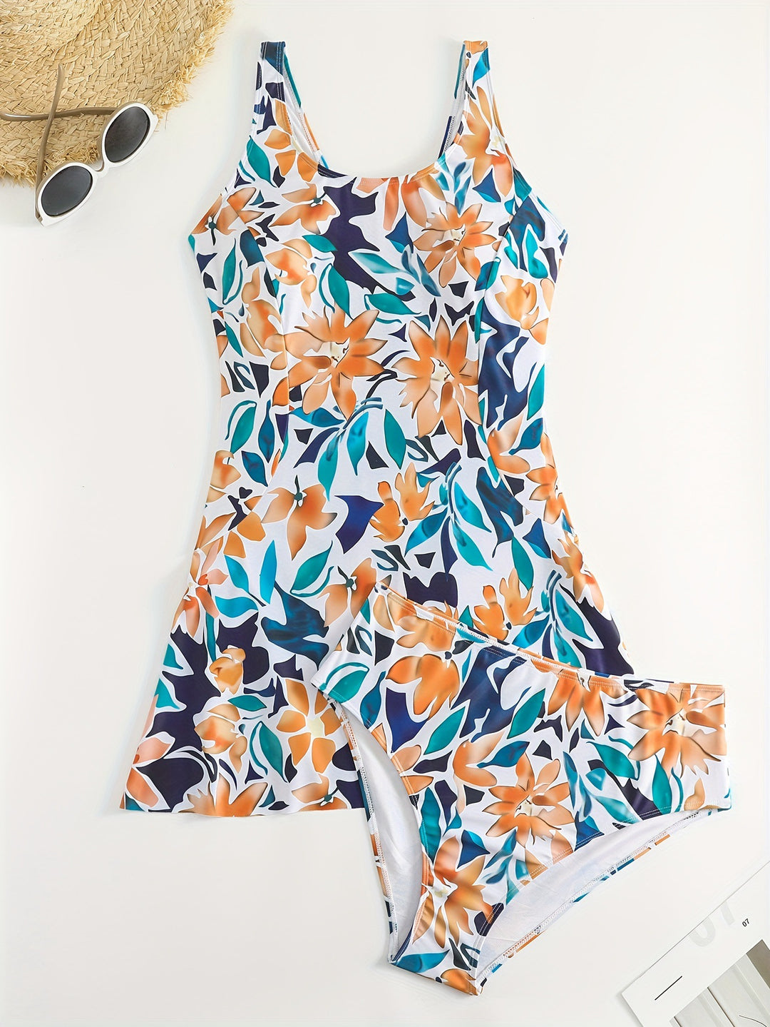 Damen Badeanzug Set mit floralem Design und leichtem Rock Drune