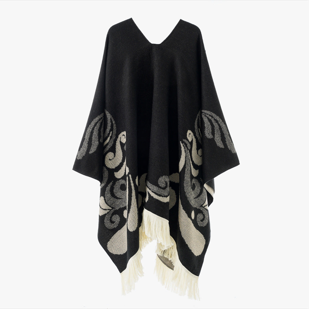 Damen Wollmix-Poncho im Umhangstil mit V-Ausschnitt, kontrastierendem Ornament-Jacquard und Fransen Drune