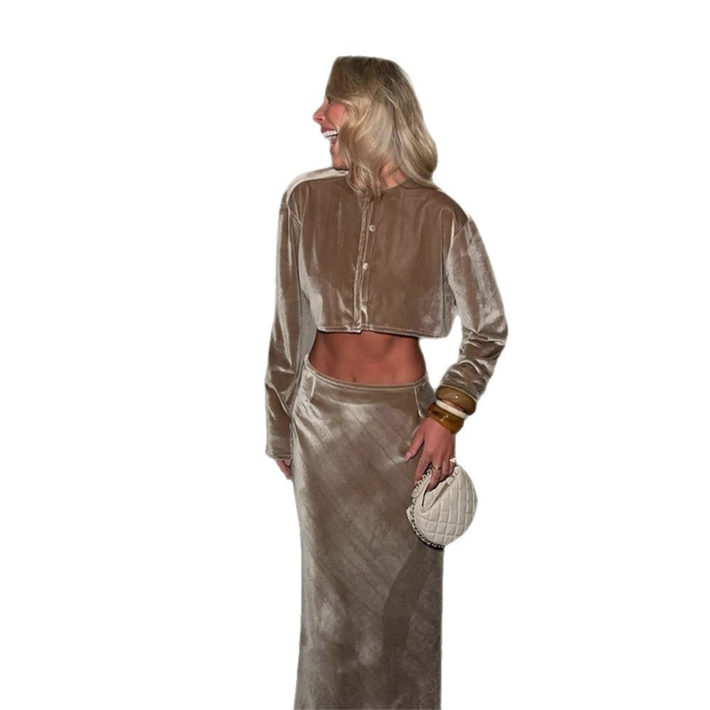 Damen Samt-Cropped-Set mit geknöpftem Kurzcardigan & tailliertem Midirock Drune