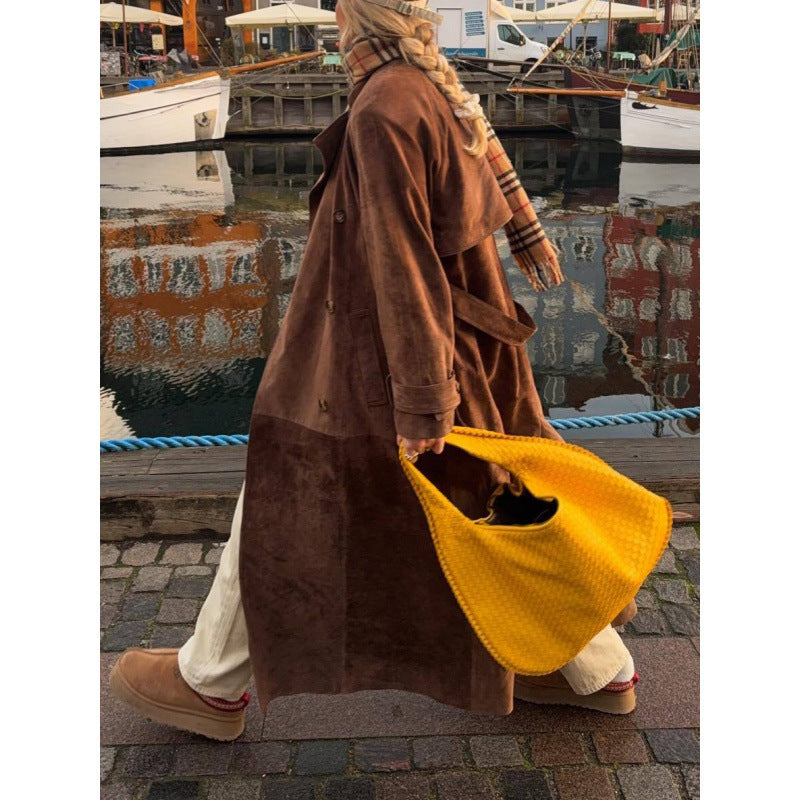 Damen eleganter Long-Trenchcoat aus hochwertigem Wildleder Drune