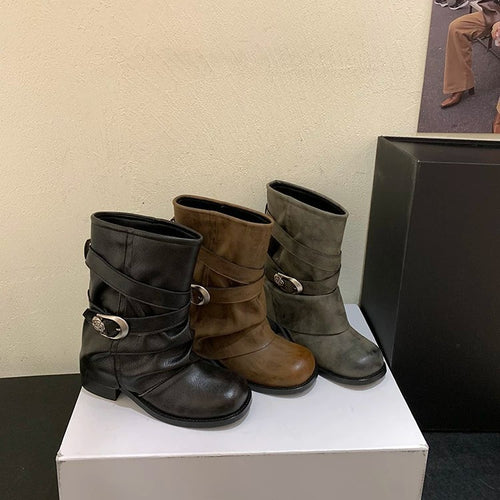 Damen Modische Stiefeletten mit breitem Riemen Drune