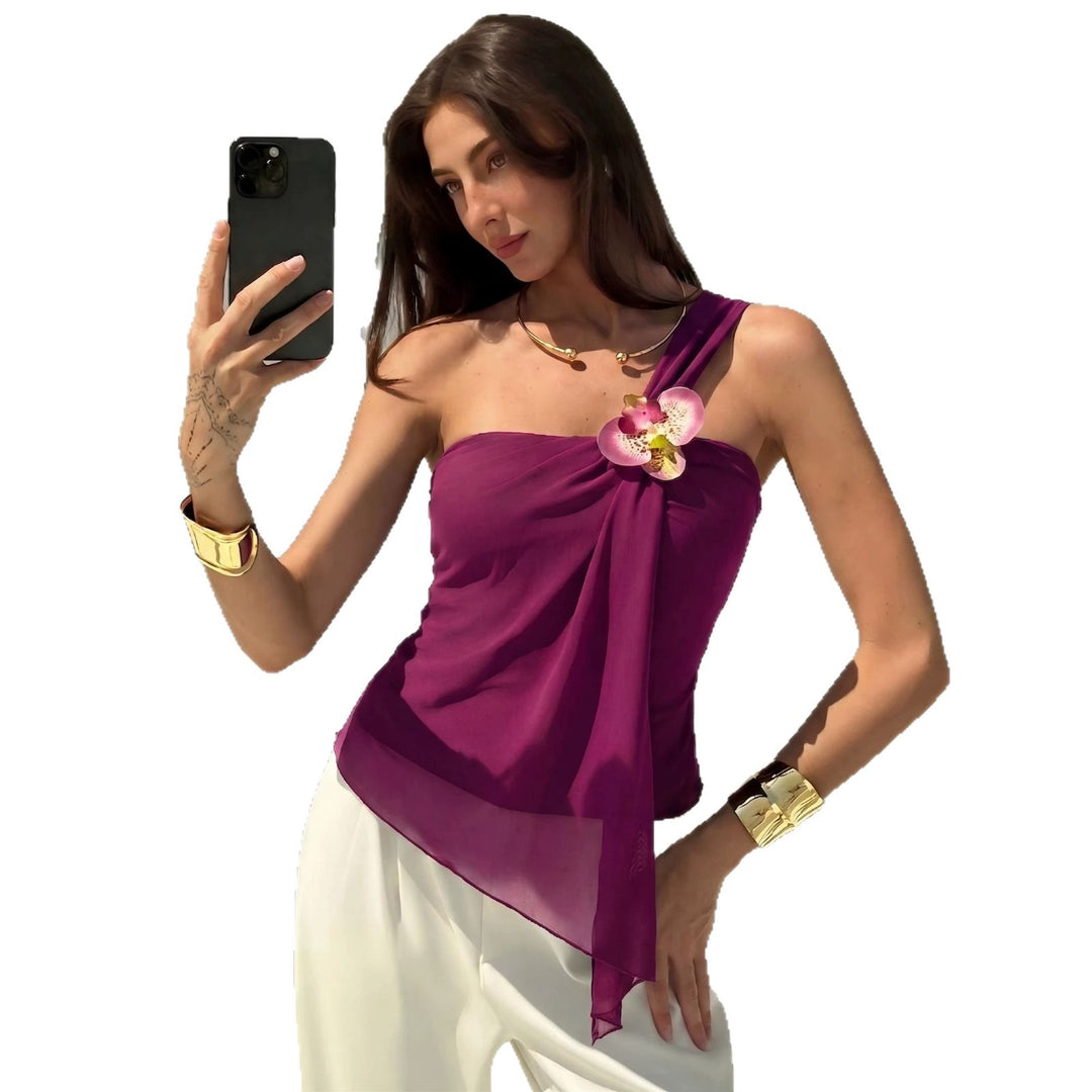 Damen nan asymmetrisches Einschulter-Chiffon-Oberteil mit Drapierung und Zierbrosche Drune