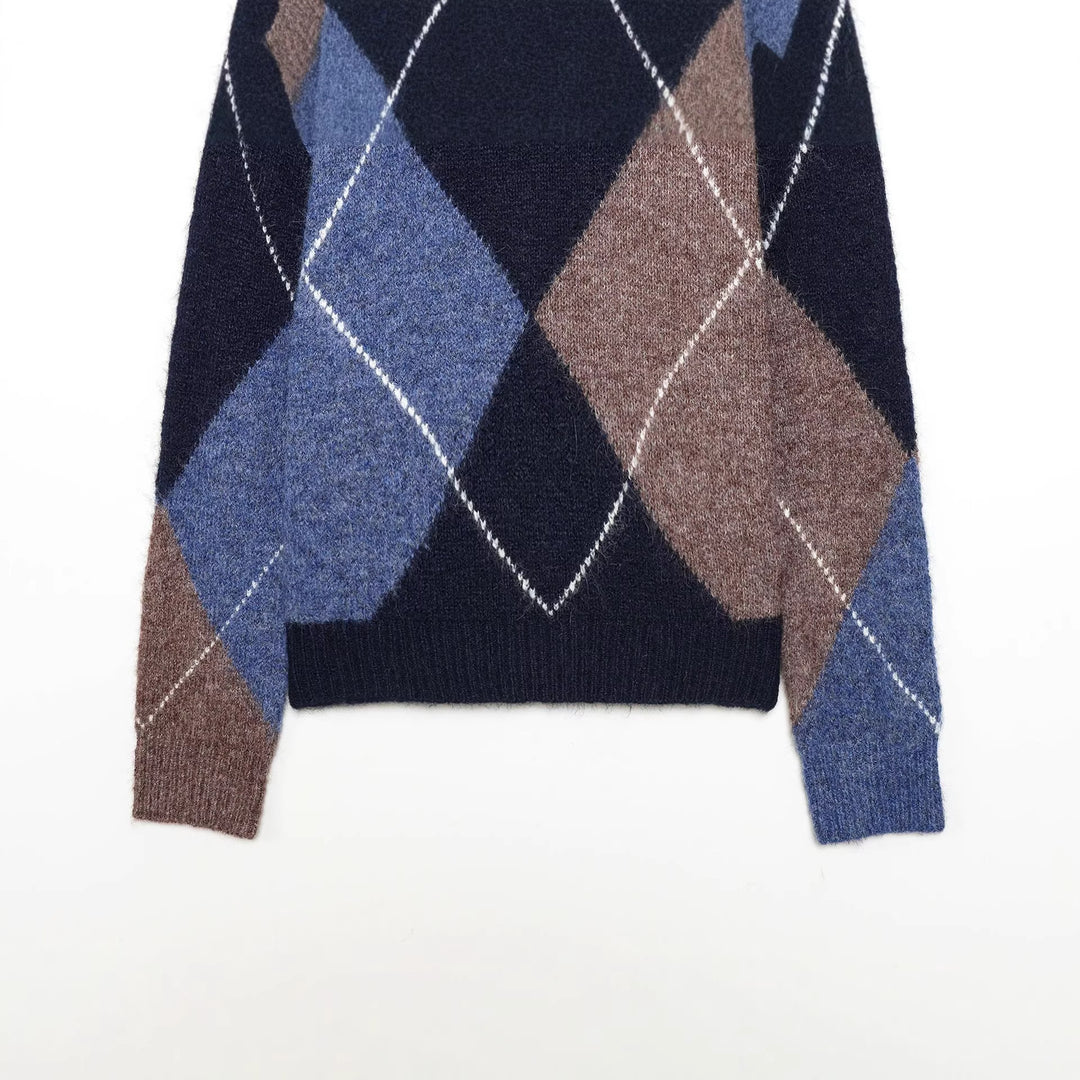 Damen nan grobgestrickter Argyle-Pullover mit Rundhalsausschnitt, überschnittener Schulter und breitem Rippenbund Drune