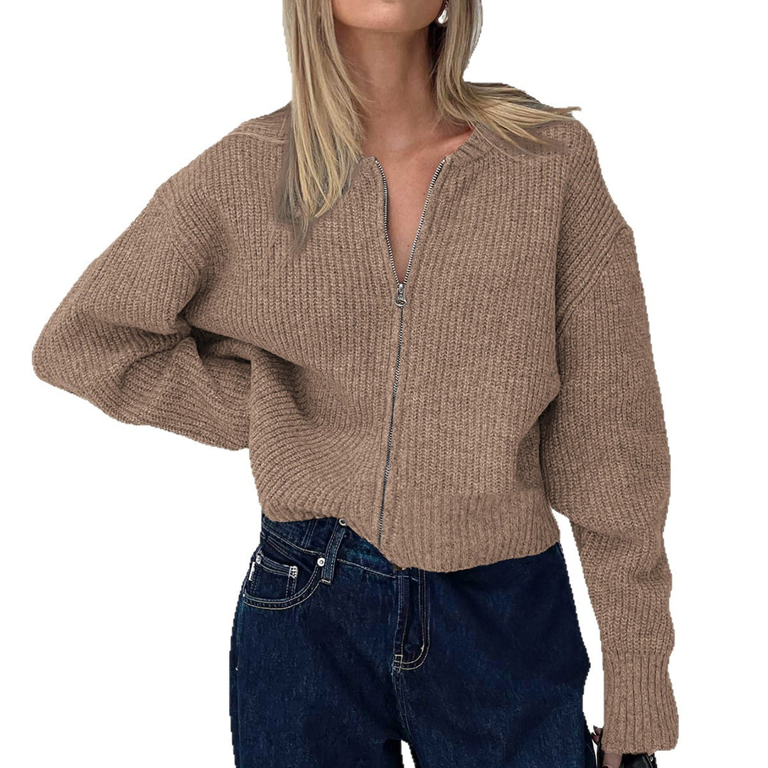 Damen nan kurzes Zip-Strickoberteil mit geripptem Saum, überschnittener Schulter und weichem Wollmix Drune