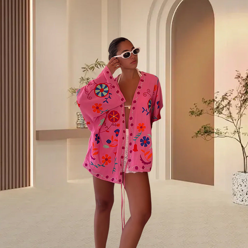 Damen Strandkimono mit buntem Blumenmuster und lässigem Schnitt Drune