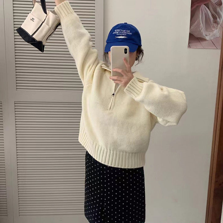 Damen Kuscheliger Gestrickter Pullover mit Stehkragen und Reißverschluss Drune