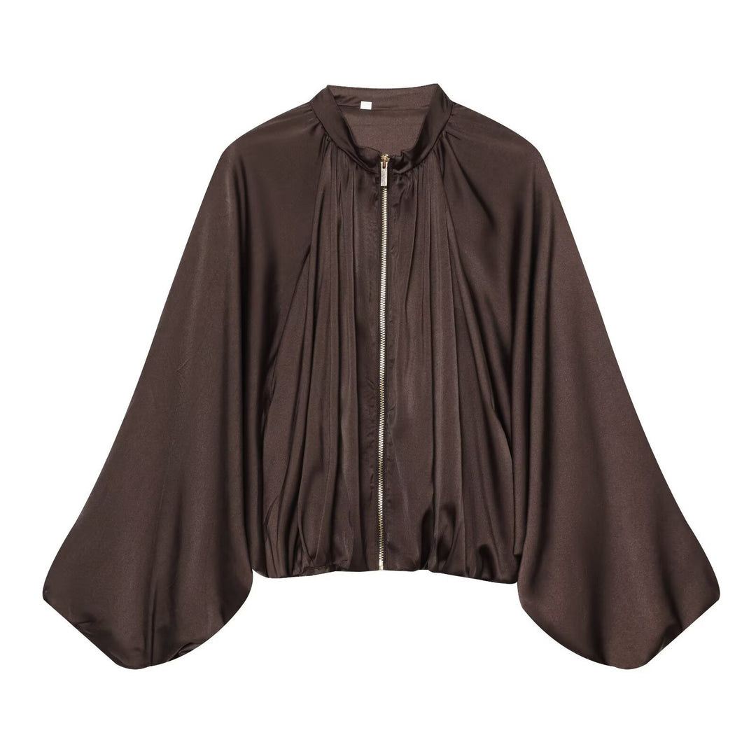 Damen Kurz geschnittene Satin‑Bomberjacke mit weitem Fledermausärmeln und Falten-Detail Drune