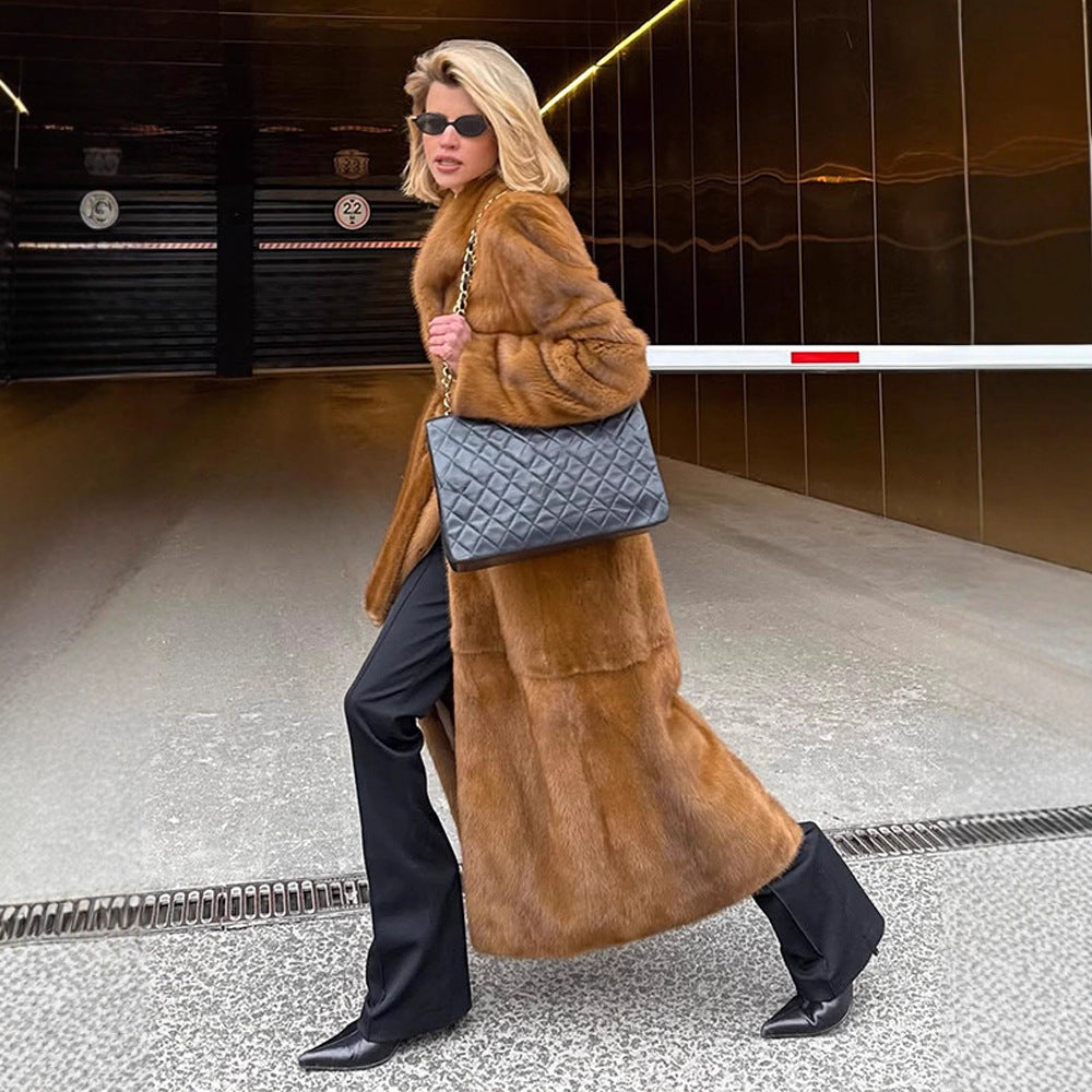 Damen Luxuriöser langer Pelzmantel mit Schalkragen und kaschierendem Oversize-Schnitt Drune