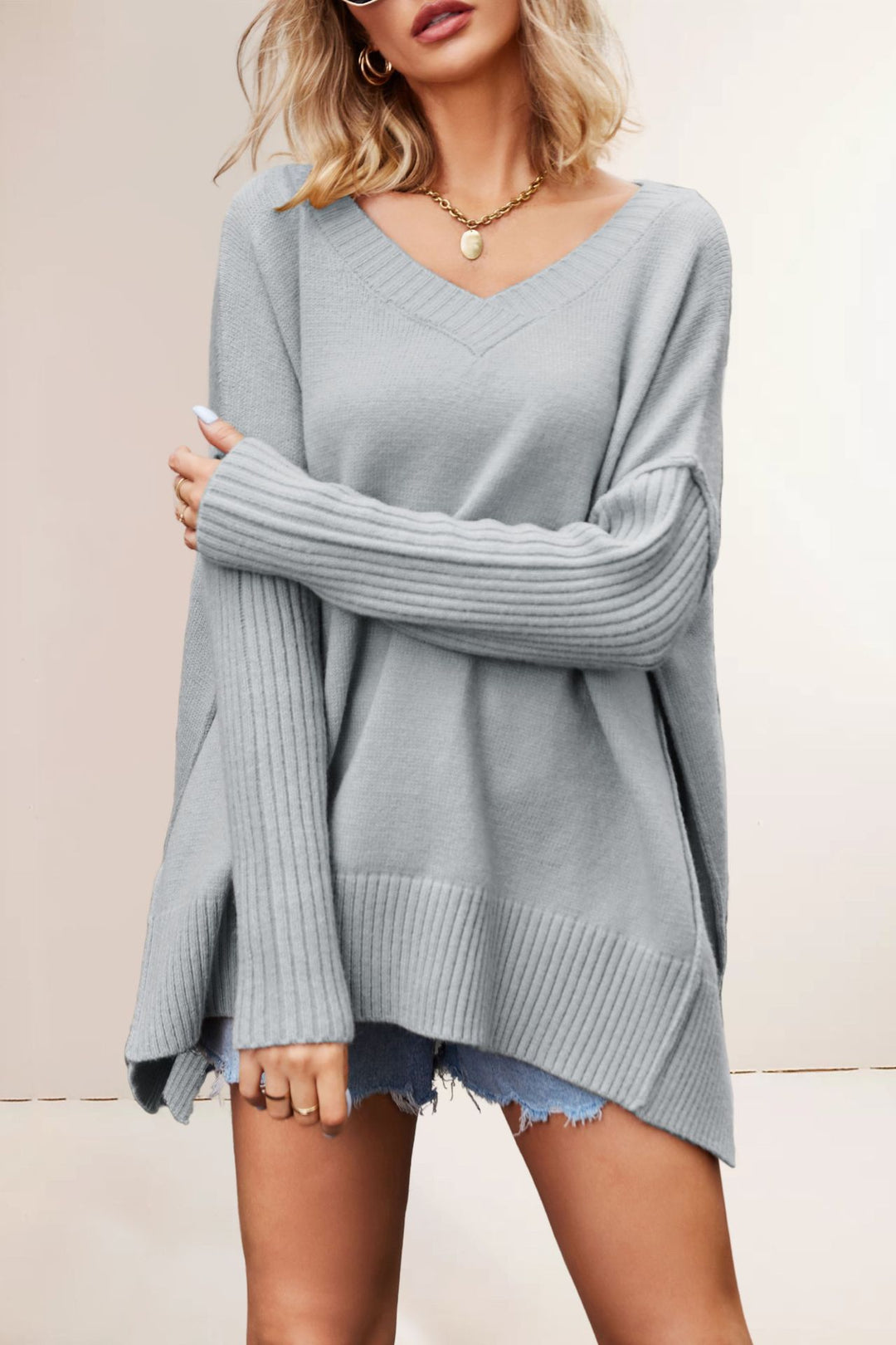 Damen oversized V-Ausschnitt Pullover mit strukturierten Ärmeln Drune