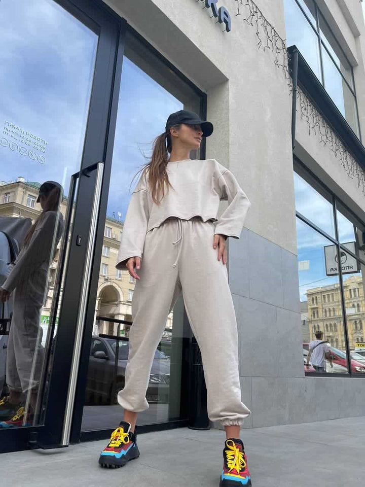 Damen lässiges Oversize-Lounge-Set mit weitem Crewneck-Sweater und elastischer Kordelbund-Jogginghose Drune