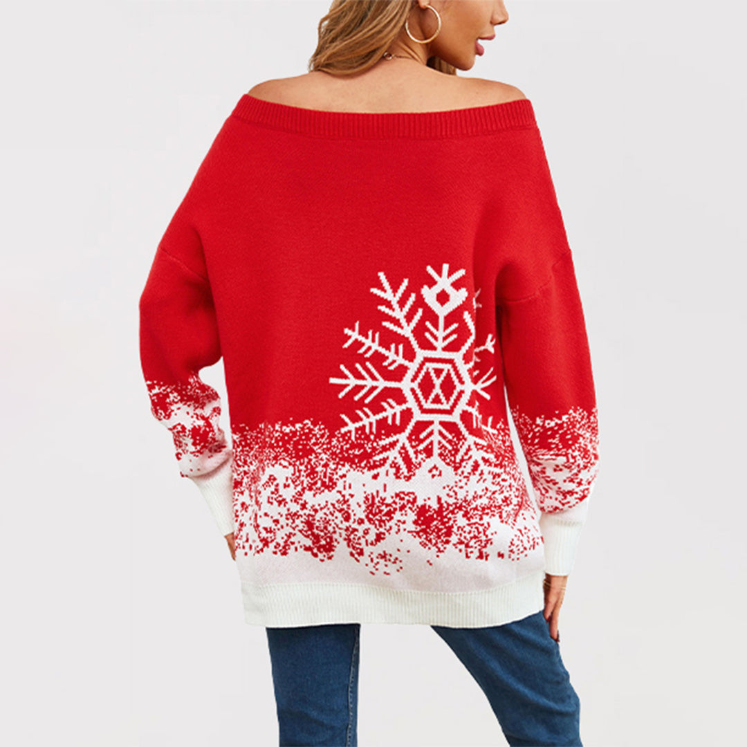 Damen Weihnachtsstrickpullover mit lässigem Schnitt und Schneeflocken-Motiv Drune