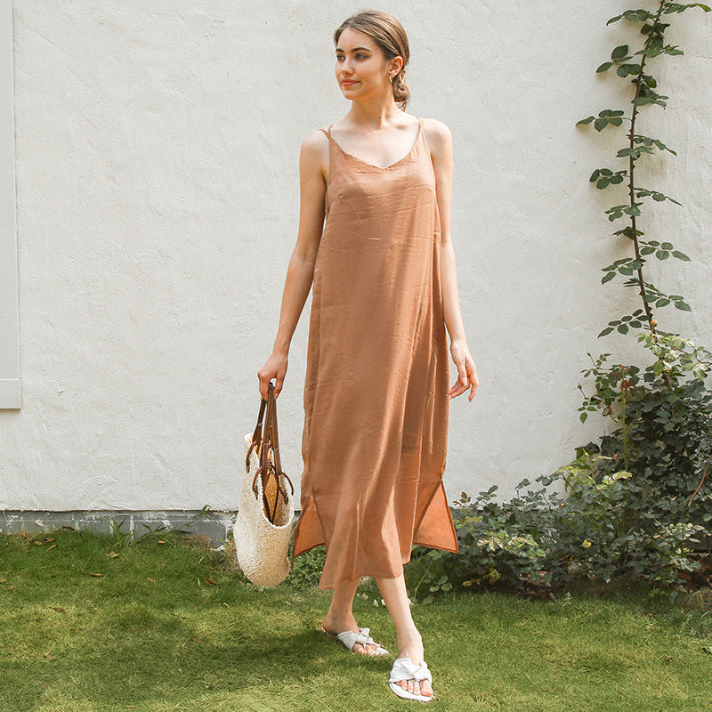 Damen elegantes Leinenkleid mit verstellbaren Spaghetti-Trägern und fließendem Schnitt Drune