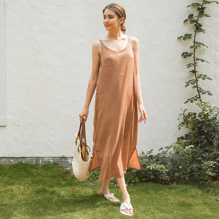 Damen elegantes Leinenkleid mit verstellbaren Spaghetti-Trägern und fließendem Schnitt Drune