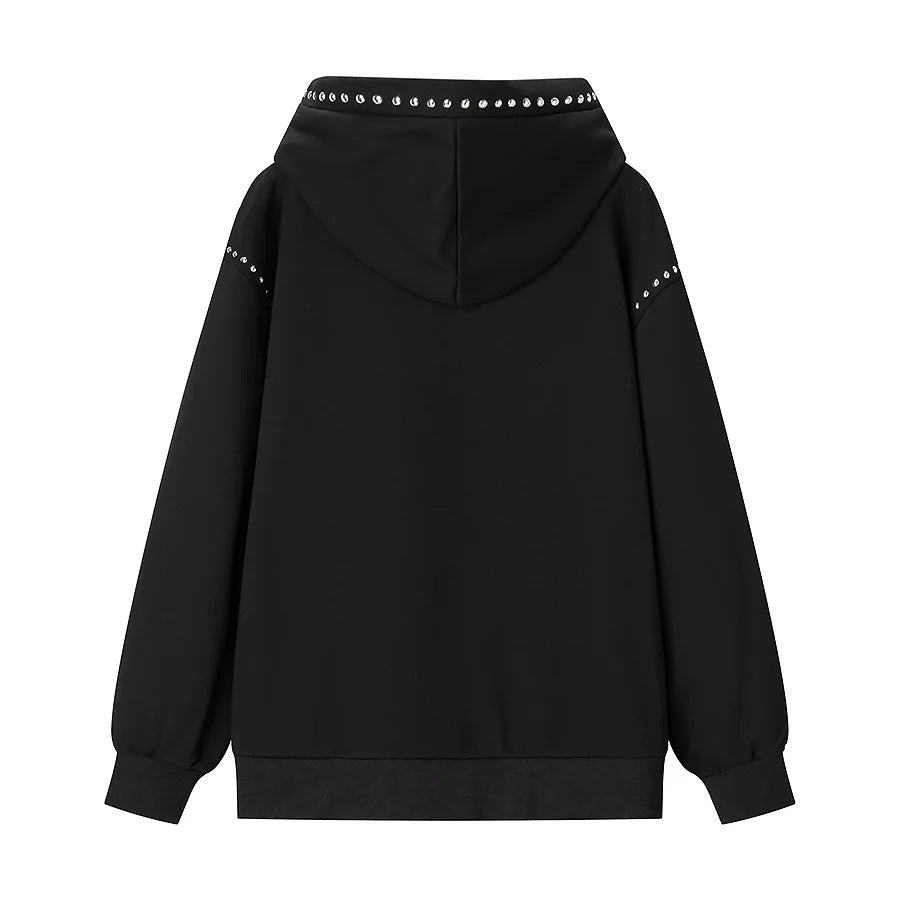 Damen nan weiter Kapuzenpullover mit Ziernieten am Kragen und legerer Passform Drune
