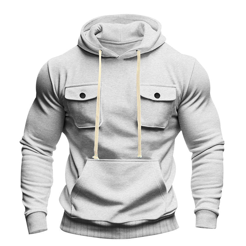 Herren nan urbaner Kapuzenpullover mit Brustklappen, Kängurutasche und athletischem Schnitt Drune