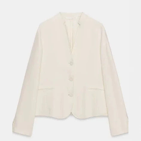 Damen Leichter kragenloser Blazerjacke mit V‑Ausschnitt, drei‑Knopfverschluss und aufgesetzten Taschen Drune