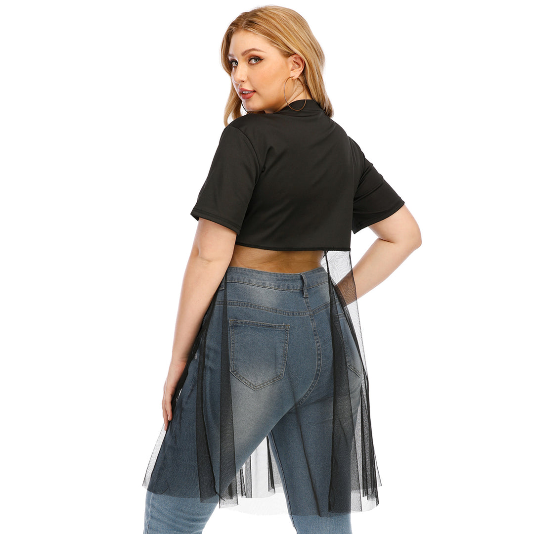 Damen modisches Crop-Top mit transparentem Überwurf und Glitzerbesatz Drune