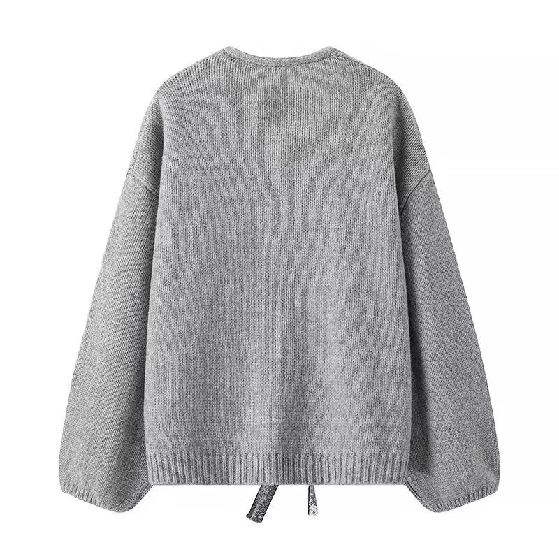 Damen nan Oversize-Strickcardigan mit tiefem V-Ausschnitt und dekorativen Pailletten-Schleifen Drune