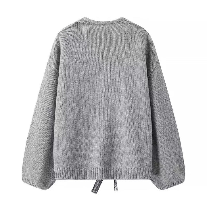 Damen nan Oversize-Strickcardigan mit tiefem V-Ausschnitt und dekorativen Pailletten-Schleifen Drune