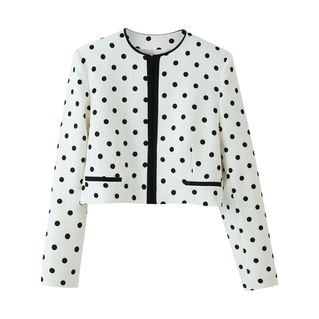 Damen Cropped‑Übergangsjacke im Polka‑Dot‑Design mit rundem Ausschnitt und kontrastierter Blendenverarbeitung Drune