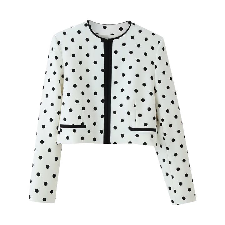 Damen Cropped‑Übergangsjacke im Polka‑Dot‑Design mit rundem Ausschnitt und kontrastierter Blendenverarbeitung Drune