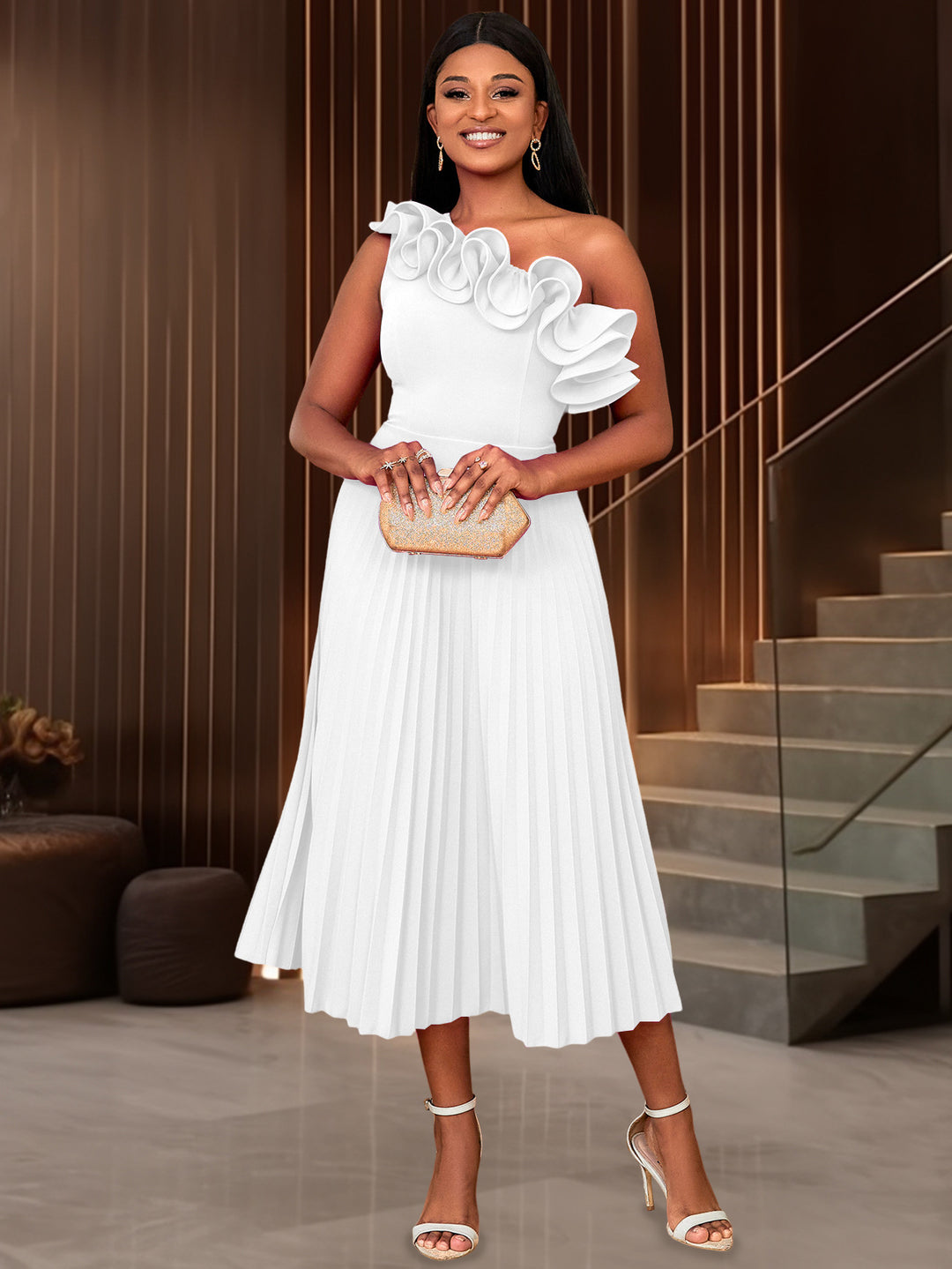 Damen Faltendes Maxikleid mit asymmetrischem Ausschnitt und Rüschen Drune