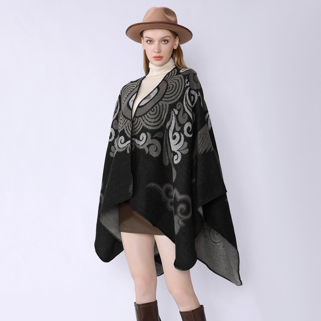 Damen Wollmix-Cape mit ornamentalem Jacquard, asymmetrischem Zipfel und weichfallendem Oversize-Fall Drune